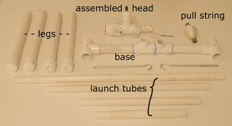 head unit, base, legs, and launch tubes