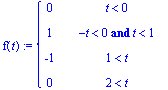f(t) := PIECEWISE([0, t < 0],[1, -t < 0 and t < 1],[-1, 1 < t],[0, 2 < t])
